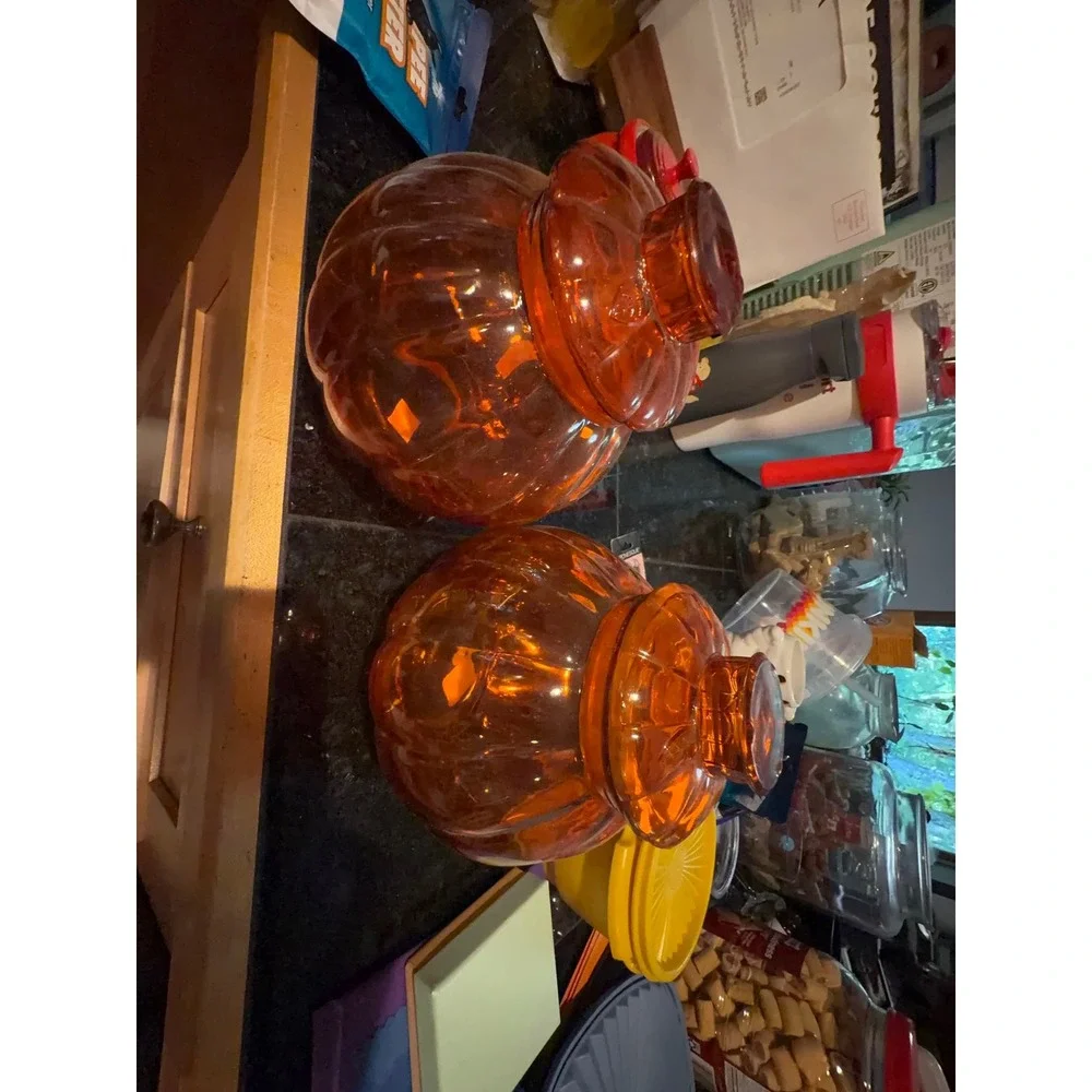 Anchor Hocking Vintage Amber Glass Pumpkin Jars Set of 2 Fall Decor Canisters